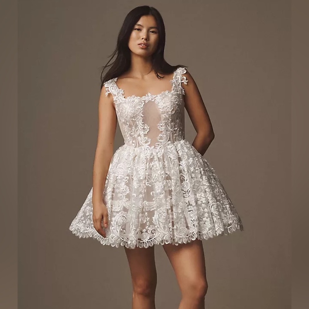 BHLDN Lace Square-Neck A-Line Hoop-Skirt Mini Dress in Ivory